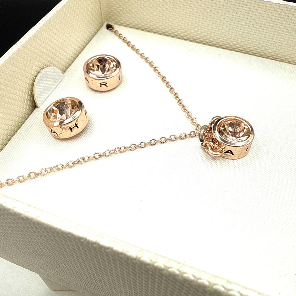 Tahari Necklace Earrings Set Champagne CZ Rose Gold‎ Tone Bezel 18" Chain NIB